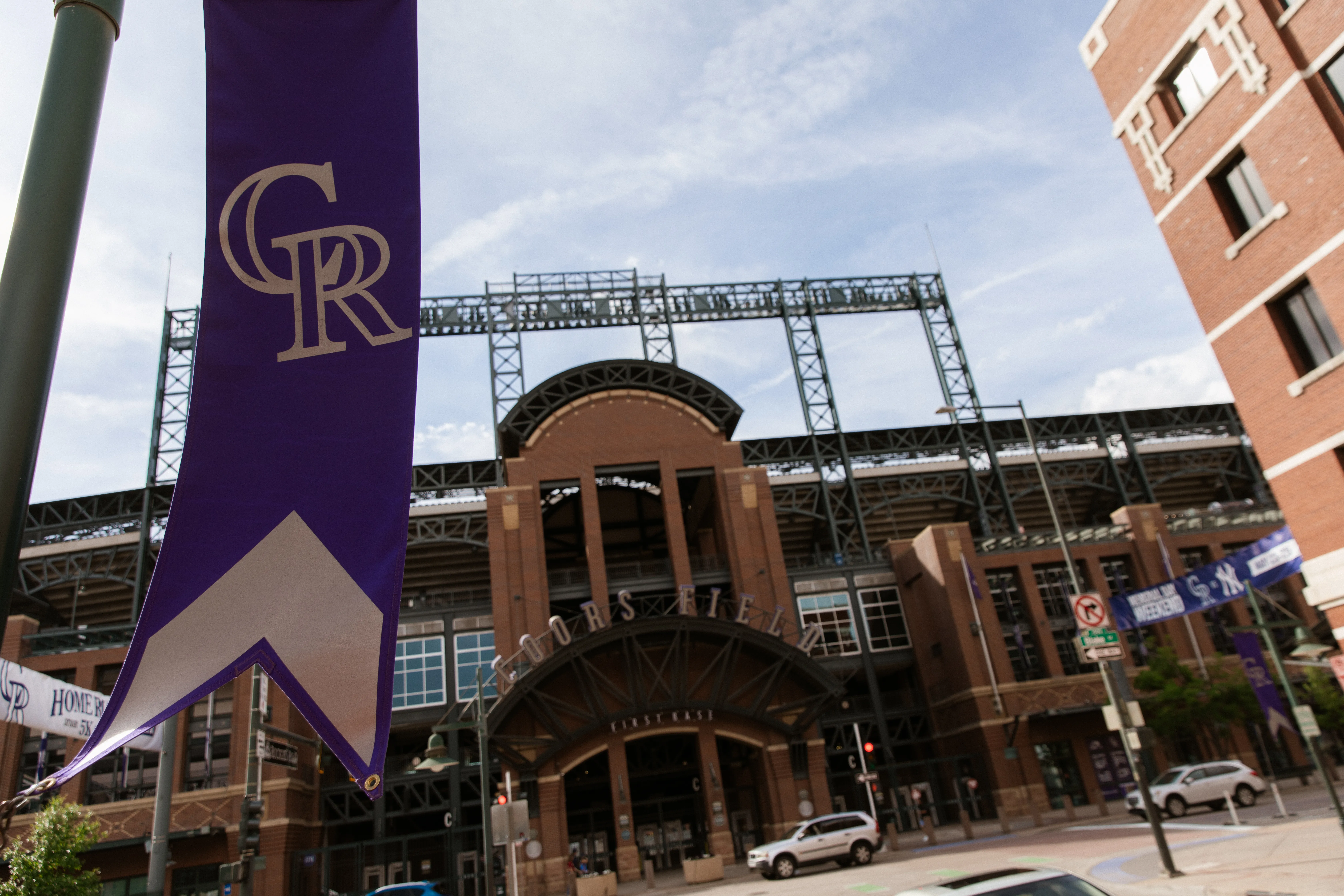 Rockies pennant and stadium facade
