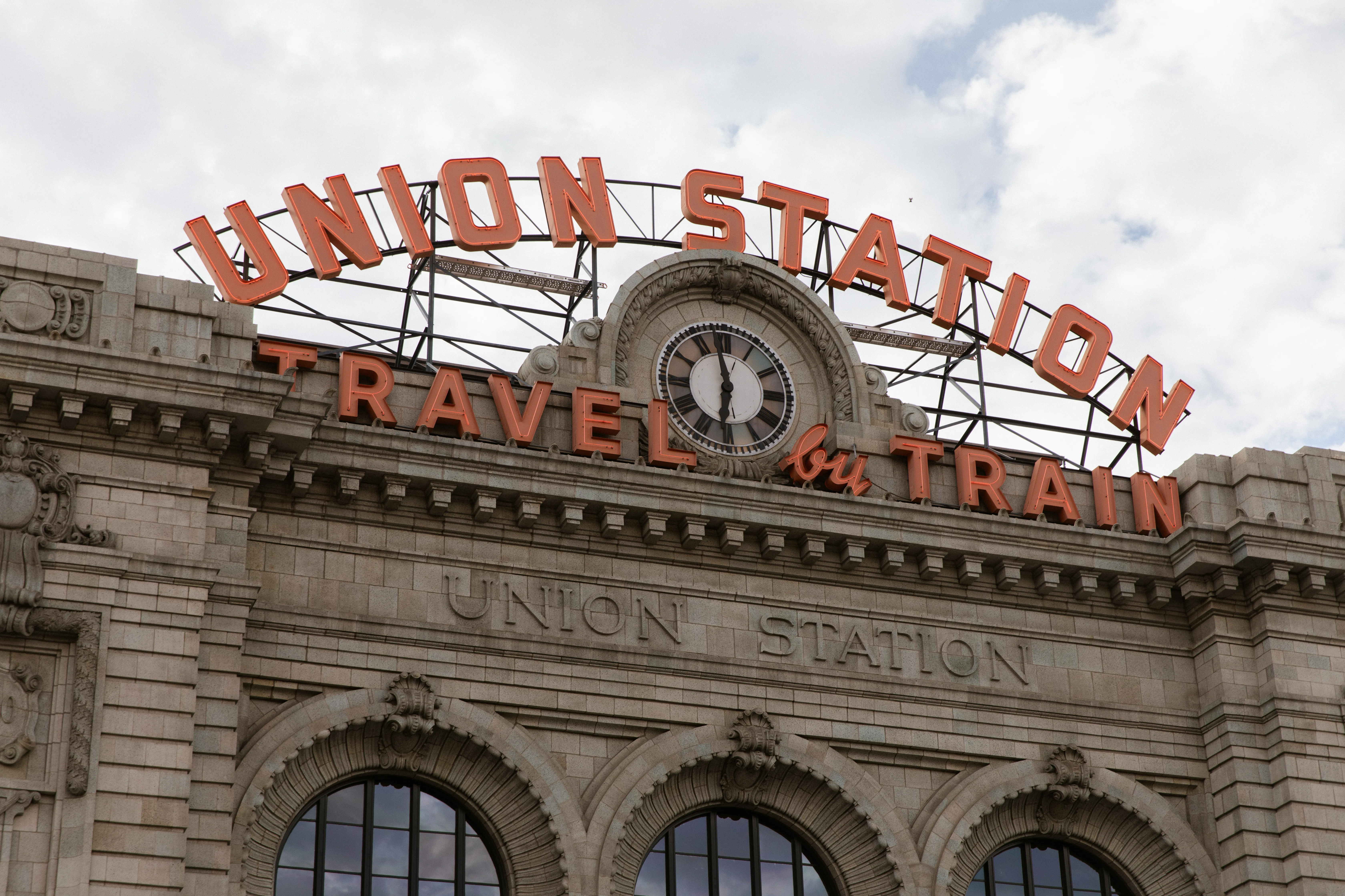 Union Station sign and clock close-up