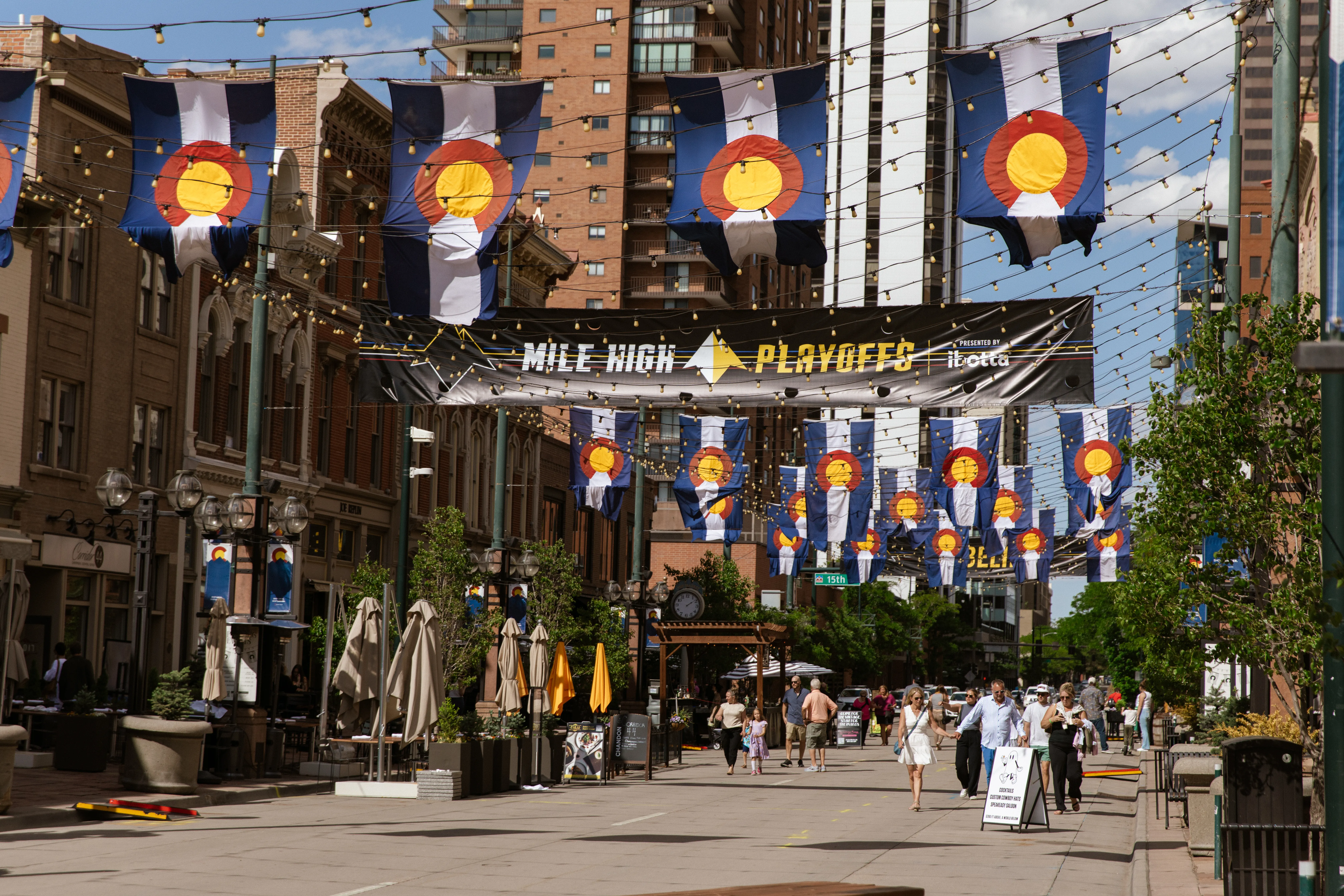 Mile High Playoffs banner over Larimer Square