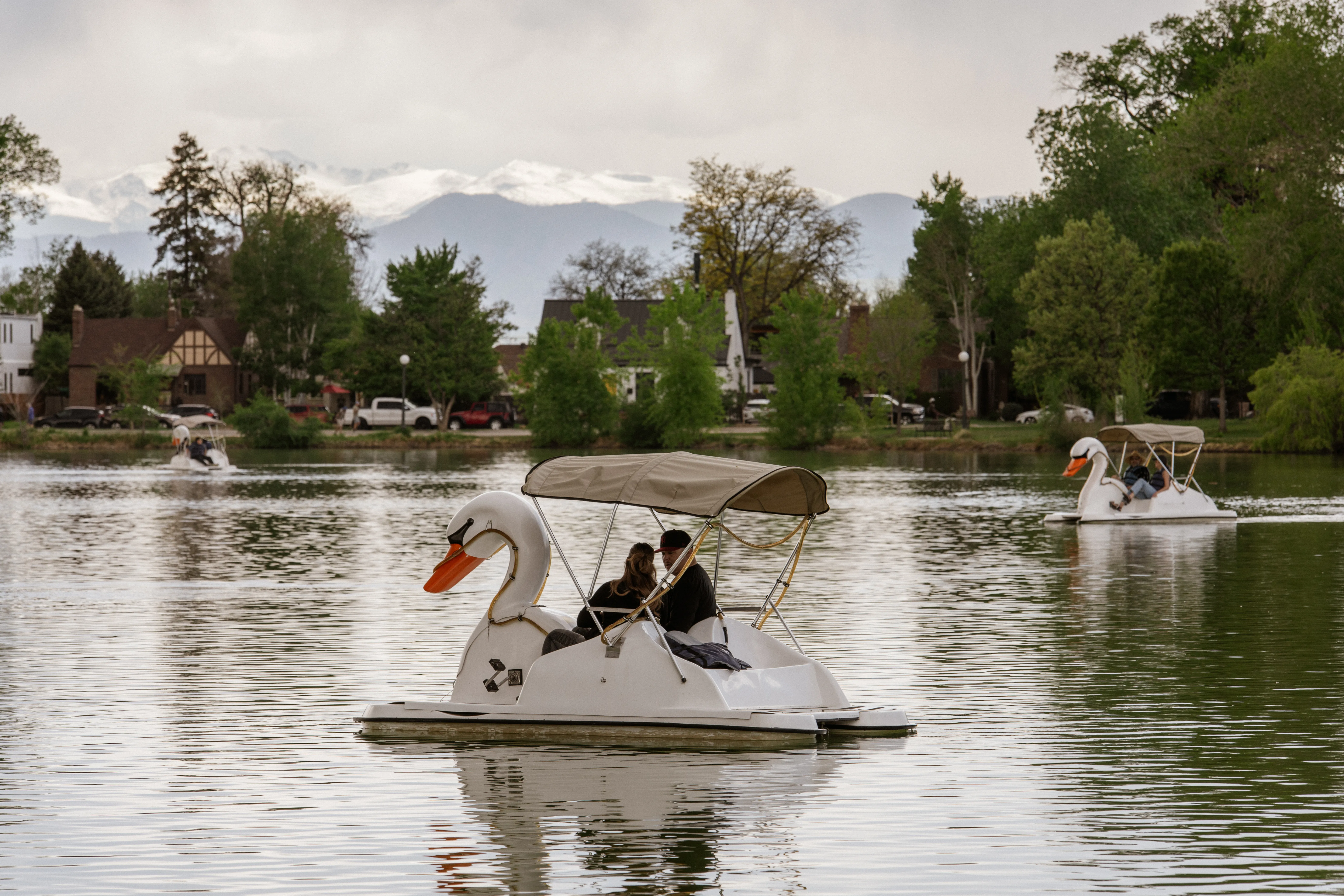 Front Range backdrop behind swan boats