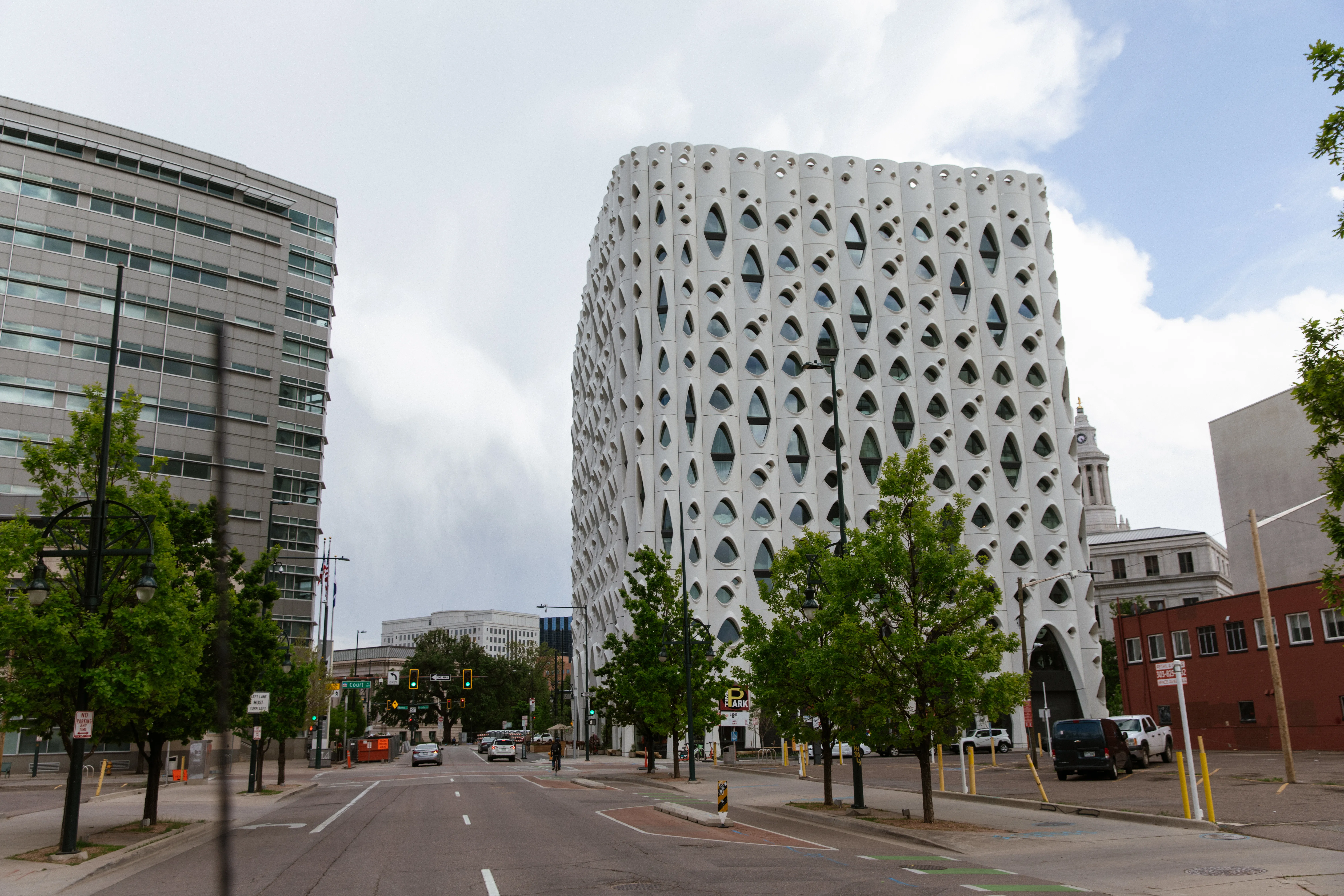 Street-level view of the Blue Bear